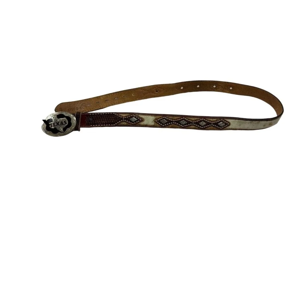 Texas Western Leather Belt Size 44 Hand Tooled Hair On Hide Studded Brown 7411